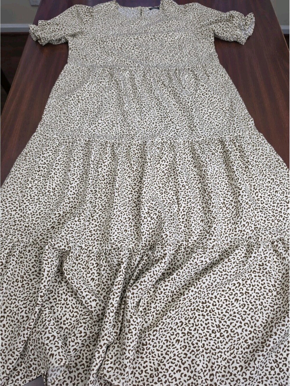 PRETTYGARDEN Maxi Dress Medium Brown Leopard Print Tiered Cottagecore Boho Indie